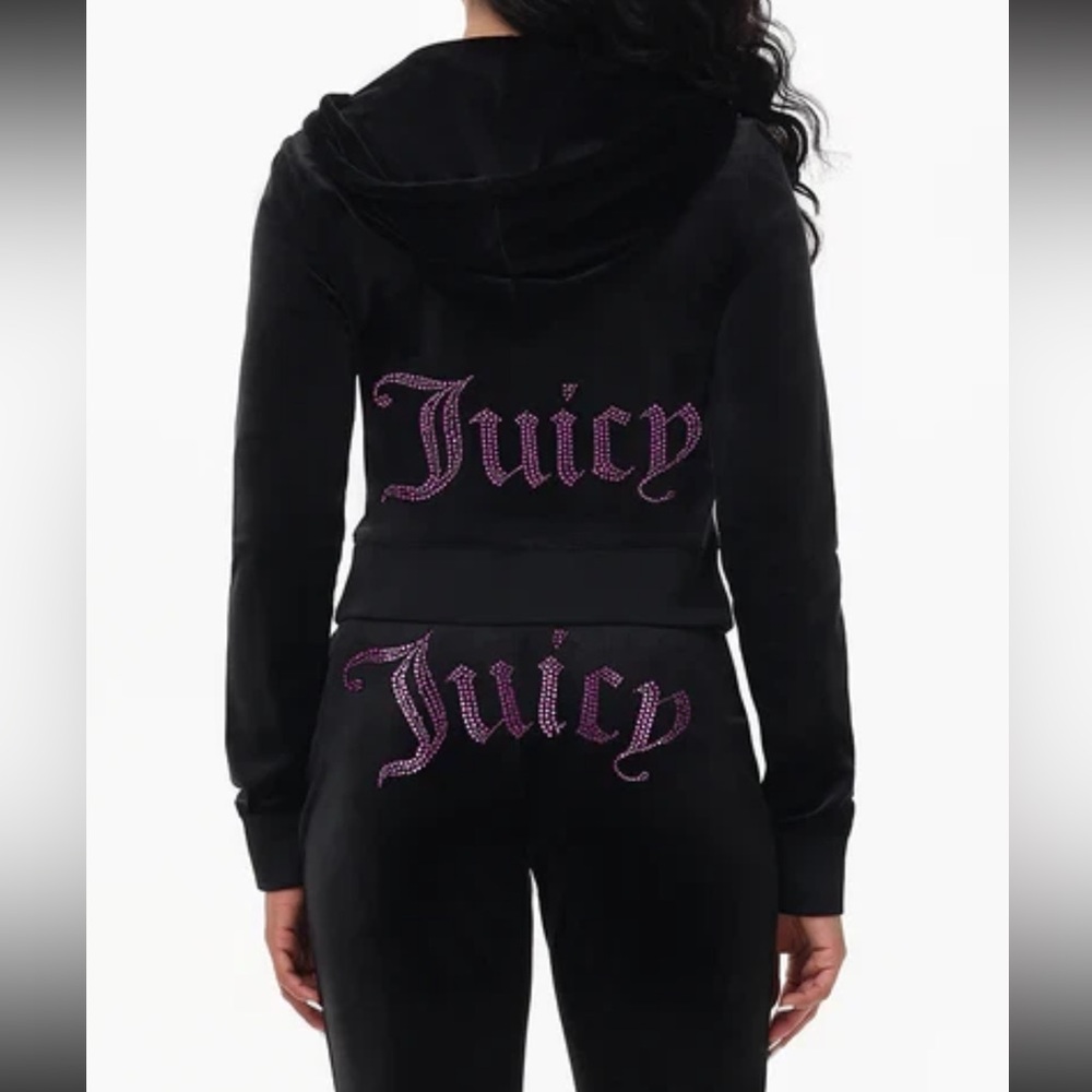NWT Juicy Couture Black with Pink Rhinestone Velour Tracksuit Set Liquorice US M